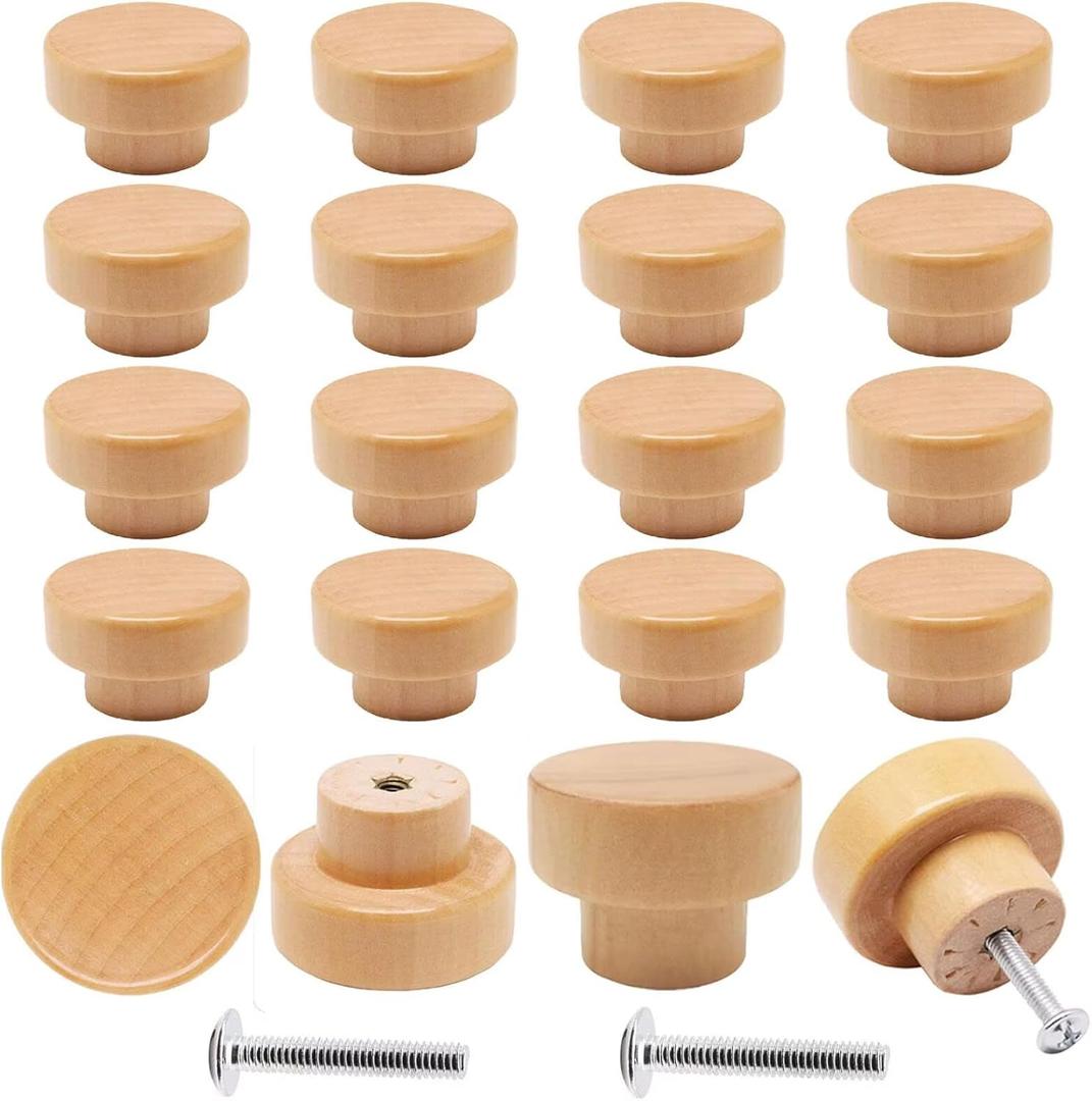 Dresser knobs 20 Pack Wood Knobs Round Cabinet Knobs 1.37"(35mm) Natural Beech Wooden Furniture Drawer Knobs Pulls Handles
