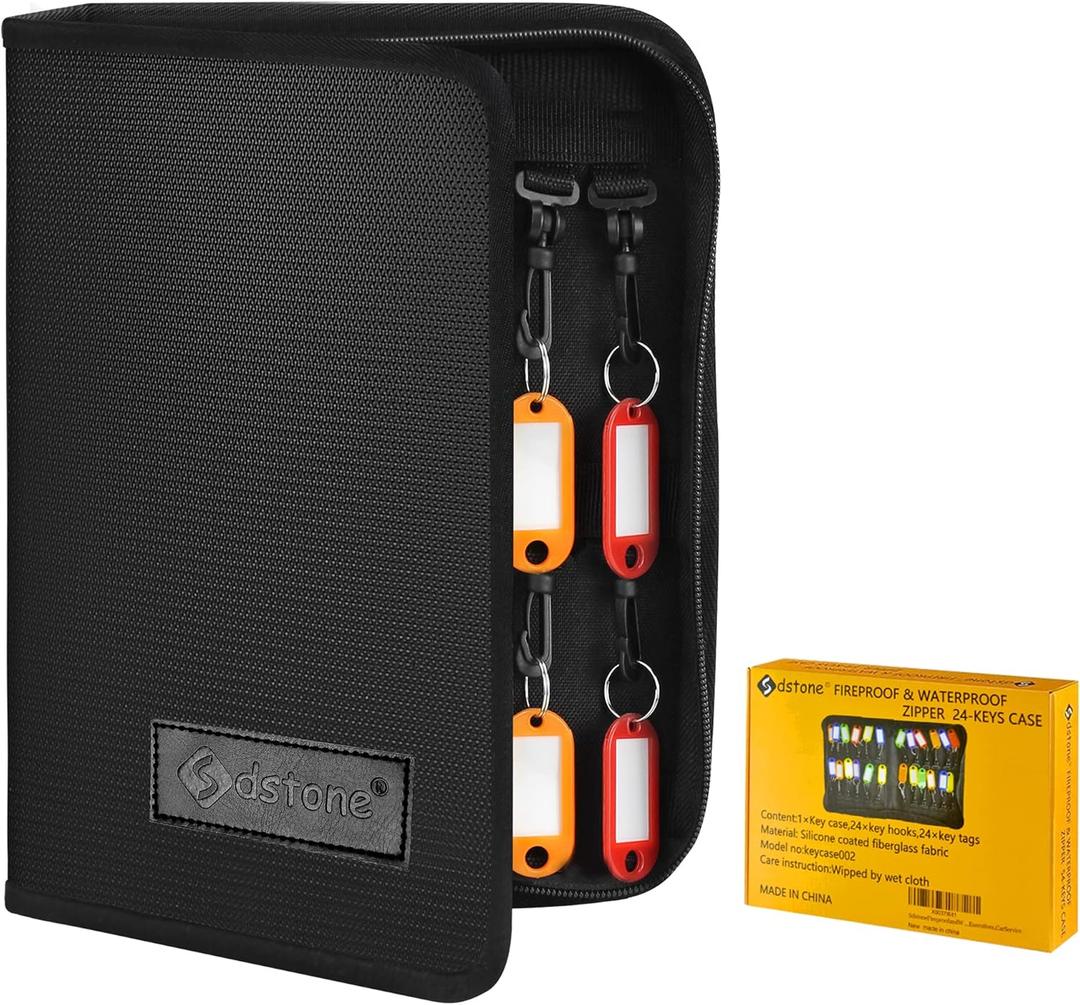 Sdstone Portable Zippered Key Organizer,Fireproof and Waterproof Key Binder with 24 Key Tags Key Case,Portable Manager, Landlord Zipper Key Storage for Real Estate Sales, Hotels (Black)