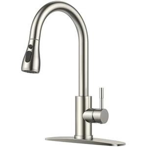 Kitchen Faucets with Pull Down Sprayer, Brushed Nickel High Arc Single Handle Stainless Steel Bar Sink Faucet with Deck Plate for 1 or 3 Hole, Suitable for Farmhouse RV Camper Laundry