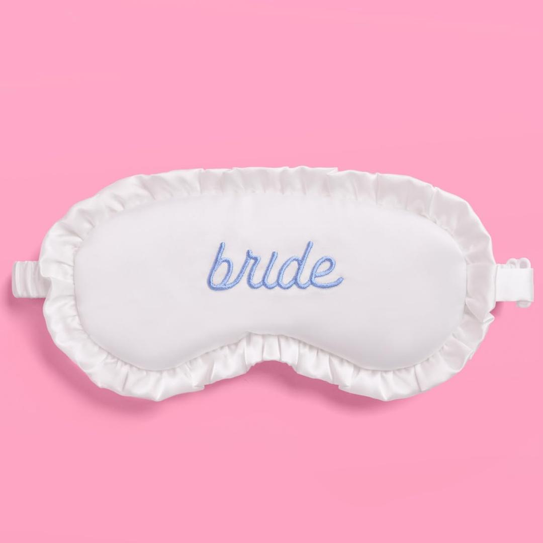 xo, Fetti Ruffled Bride Sleep Mask, White Satin + Blue Embroidery | Bachelorette Party Decorations, Bridal Shower Accessory, Bride to Be Party Favor, Bridesmaid Gift