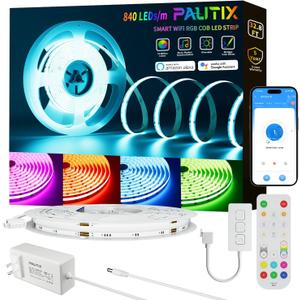 PAUTIX RGB COB LED Strip Light 32.8ft/10m,UL Listed 840LEDs/m 24V Multicolor Flexible Tape Light,Work with Alexa/Google Assistant Color Changing LED Strip Light,for TV,Bedroom,Party DIY Decoration