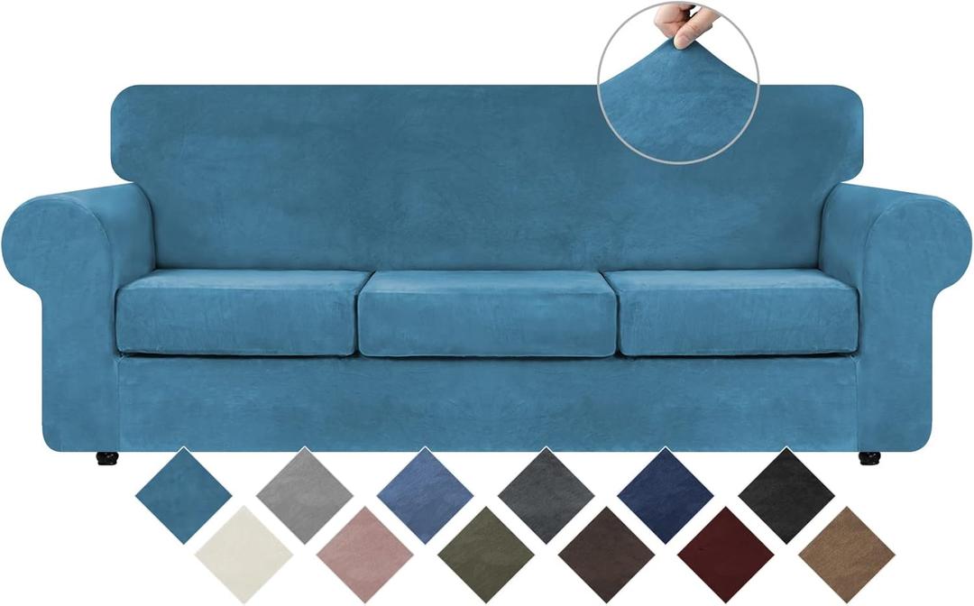 WEERRW 4 Pieces Velvet High Stretch Couch Covers for 3 Cushion Couch Sofa Slipcovers, Washable Furniture Protector with Non Slip Elastic Bottom, Feature Soft Plush Fabric, Peacock Blue, Large