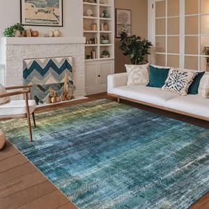 Kokia Abstract Area Rugs 8x10 Bedroom Soft Living Room Rugs Washable Distressed Vintage Comfy Blue Carpet with Non-Slip Backing for Farmhouse Home Office Room Decor, Oslo Teal Amber (Ocean/Teal/Cactus/Amber)