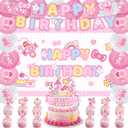 42Pcs Cartoon Cat Backdrop Birthday Party Decorations Pink Cartoon Birthday Banner, Cake Toppers, Balloons, Backdrop Set Pink Kitty Banner Party Decorations