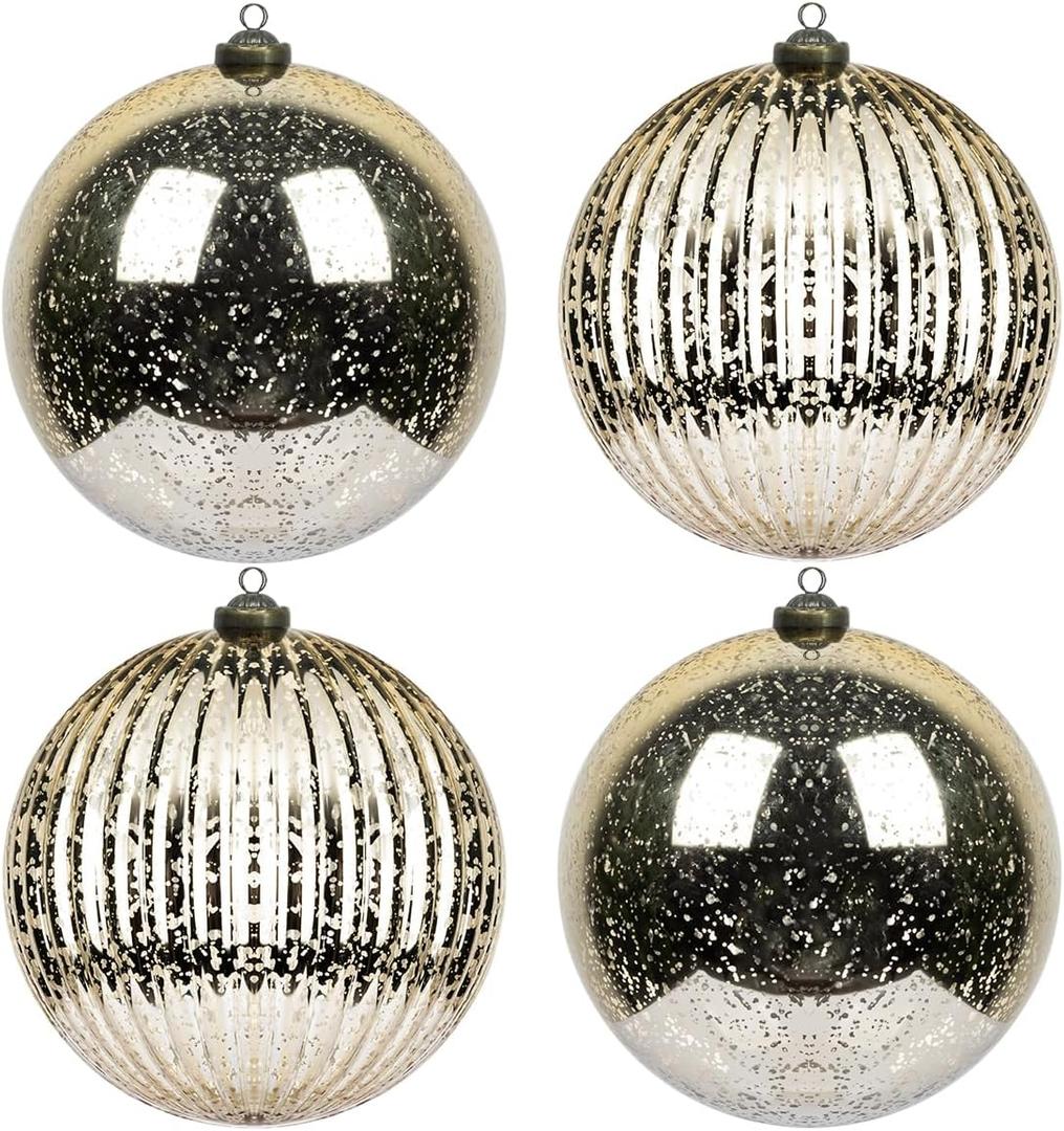 KI Store Christmas Ball Ornaments Champagne 6-Inch Set of 4 Extra Large Hanging Tree Ball Ornament Decorations Super Large Shatterproof Vintage Mercury Balls