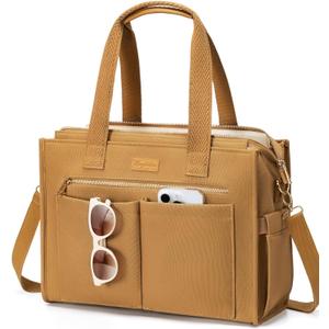 Canvas Tote Bag for Women, 15-Pockets Work Laptop Tote Purse Large Crossbody Nurse Teacher Bible Bag for School Travel Daily | with Strap & Zipper, Multi Compartment, Stand Upright Stably, College Shoulder Bag, Clinical Nursing Bag, Ideal Gift for Women (L8.new Brown)