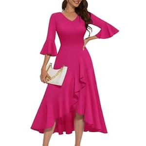 HomRain Women's Formal Dresses 3/ 4 Sleeve Cocktail Dress Vintage Ruffle V-Neck Wedding Guest Casual for Gown Evening Party Rose XL
