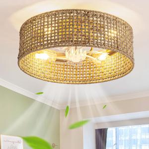 Fandelier Ceiling Fan with Light, 20 Inch Rattan Fans Remote Control Boho CagedHandwovenFlush Mount Low Profile 6 Speeds for Bedroom, Living Room,Dining Room.Yoga Room
