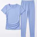 Women Set Pleated Short Sleeve Top Wide Leg Pants Loose Fit Matching Set Casual Lounge Travel Workwear Size S