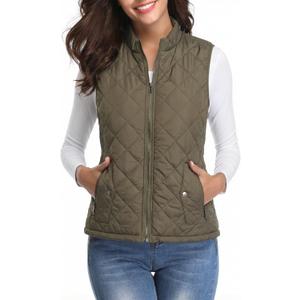Fuinloth Women's Lightweight Warm Puffer Quilted Vest - 4-Pockets Stand Collar Zip Gilet, Fall Winter Outerwear (Medium, Green)