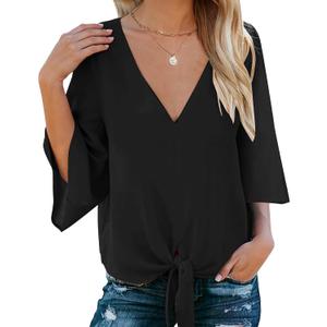 Bluetime Womens Tie Front Tops 3/4 Bell Sleeve V Neck Cute Summer Tops Shirts Casual Chiffon Blouses (Black, XL)