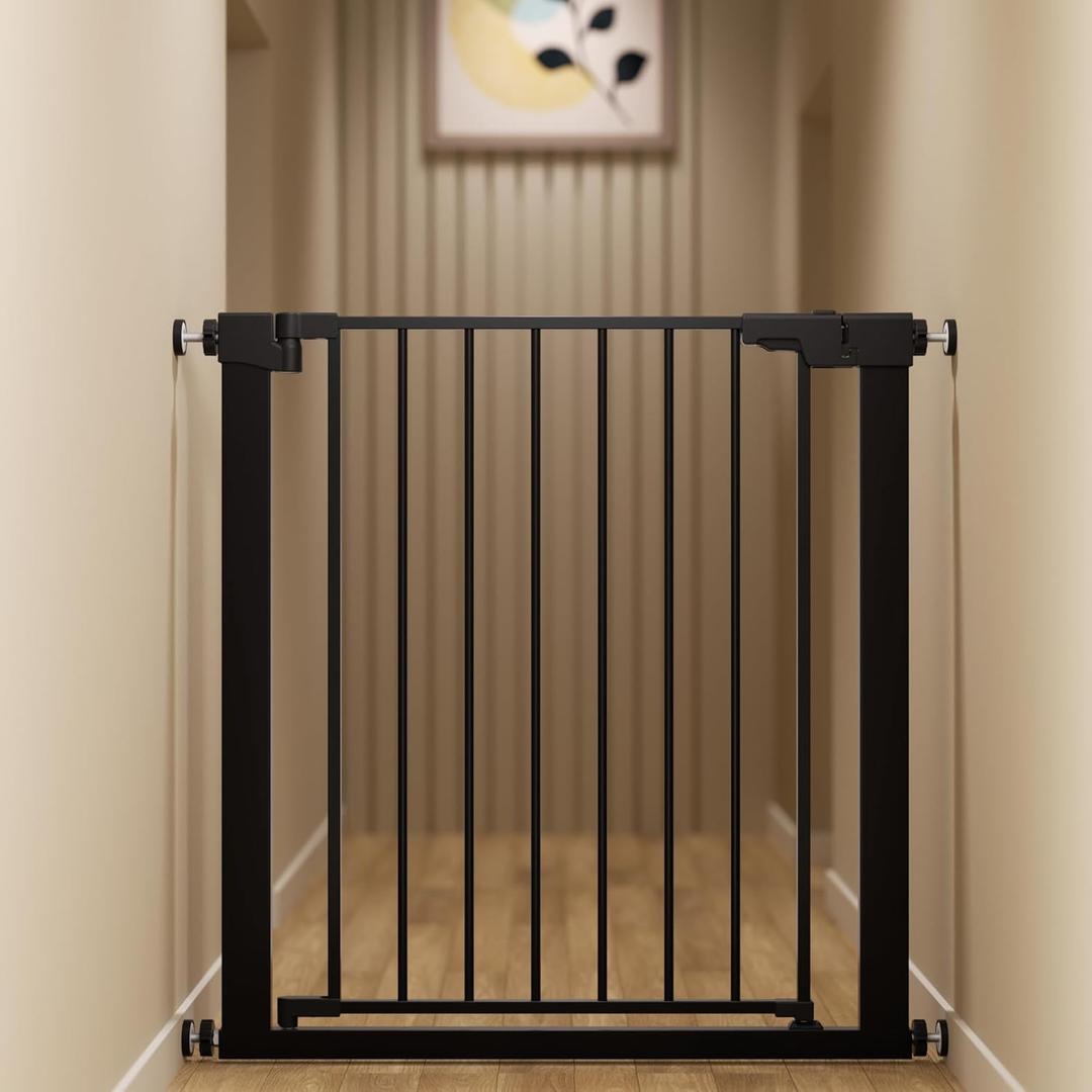 29-32" Metal Baby Gate for Stairs/Doorways, 30" Tall Pressure Mounted Pet Gates, Auto-Close Child Safety Gate, No Drilling Easy Walk-Through Dog Gate Indoor, Black