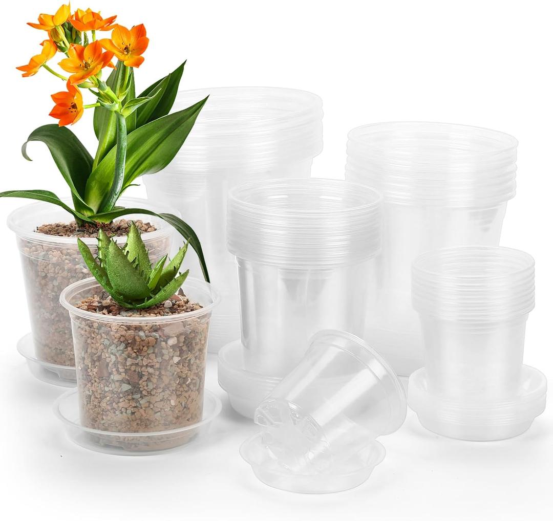 DUNPUTE 40 Pack 4/ 5/ 6/ 7 Inch Clear Nursery Pots with Drainage and Saucer, Clear Plastic Planter Pots for Plants, Flexible Seed Starting Pots for Succulents, Small Herbs, Annual Flowers