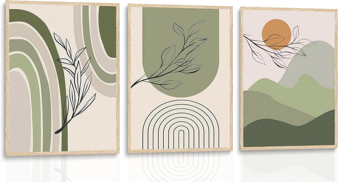 3pcs Gray Green Boho Wall Art Minimalist Wall Decor Canvas Pictures Abstract Geometric Line Paintings Sun Plant Sage Posters Prints for Room Decoration Unframed
