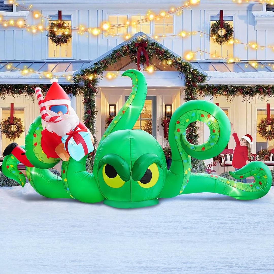 12FT Christmas Inflatables Green Octopus with Santa and Gift Box, Christmas Blow up Yard Decoration Inflatable Deer Built-in 8 LED for Christmas Decorations Outdoor Indoor Xmas Gifts