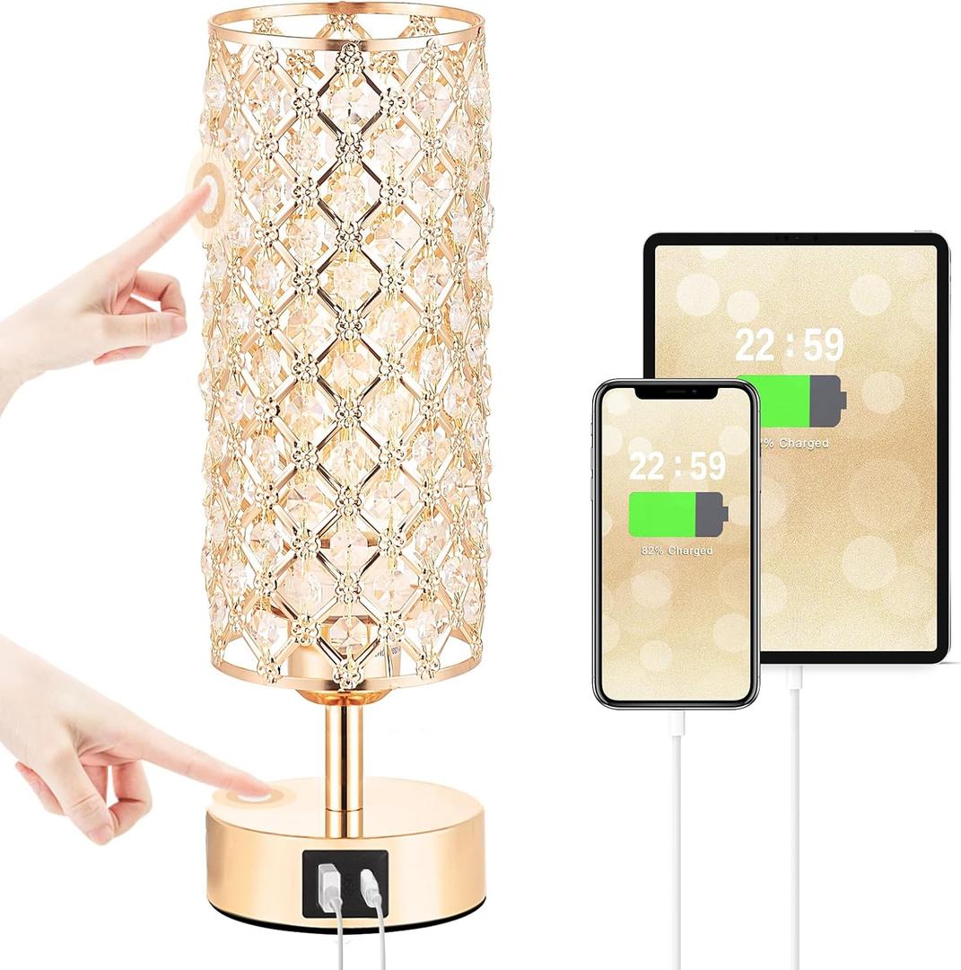 Crystal Table Lamp, Gold Lamp for Bedroom with USB-C USB-A Charging Ports, 3 Way Dimmable Light with Crystal Lampshade, Bedside Lamp Small Touch Light for Girl Room in Gold (USB-C+A Ports)