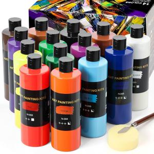 14 Colors Large Bulk Acrylic Paint Set (500 ml/16.9 oz Extra Large Bottles), Non-Toxic for Kids & Adults, Acrylic Paint Bulk on Wood, Glass, Ceramic, Art Painting Supplies with Palette Knife