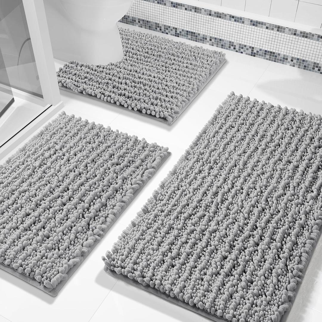 Yimobra Bathroom Rug Set 3 Piece - Super Absorbent Quick Dry Chenille Bath Mats & Toilet Rug, Non Slip Machine Washable, Extra Thick Shaggy Floor Mat for Shower Tub Sink, Grey (24"x17" + 24"x20" + 30"x20")