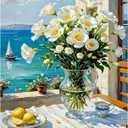 Paint by Numbers Kit for Adults - White flower in Glass Vase Adult Paint by Number Kits on Canvas for Beginner, Sea DIY Acrylic Oil Number Painting for Adults, Perfect for Home Decor Gift 16x20 Inch