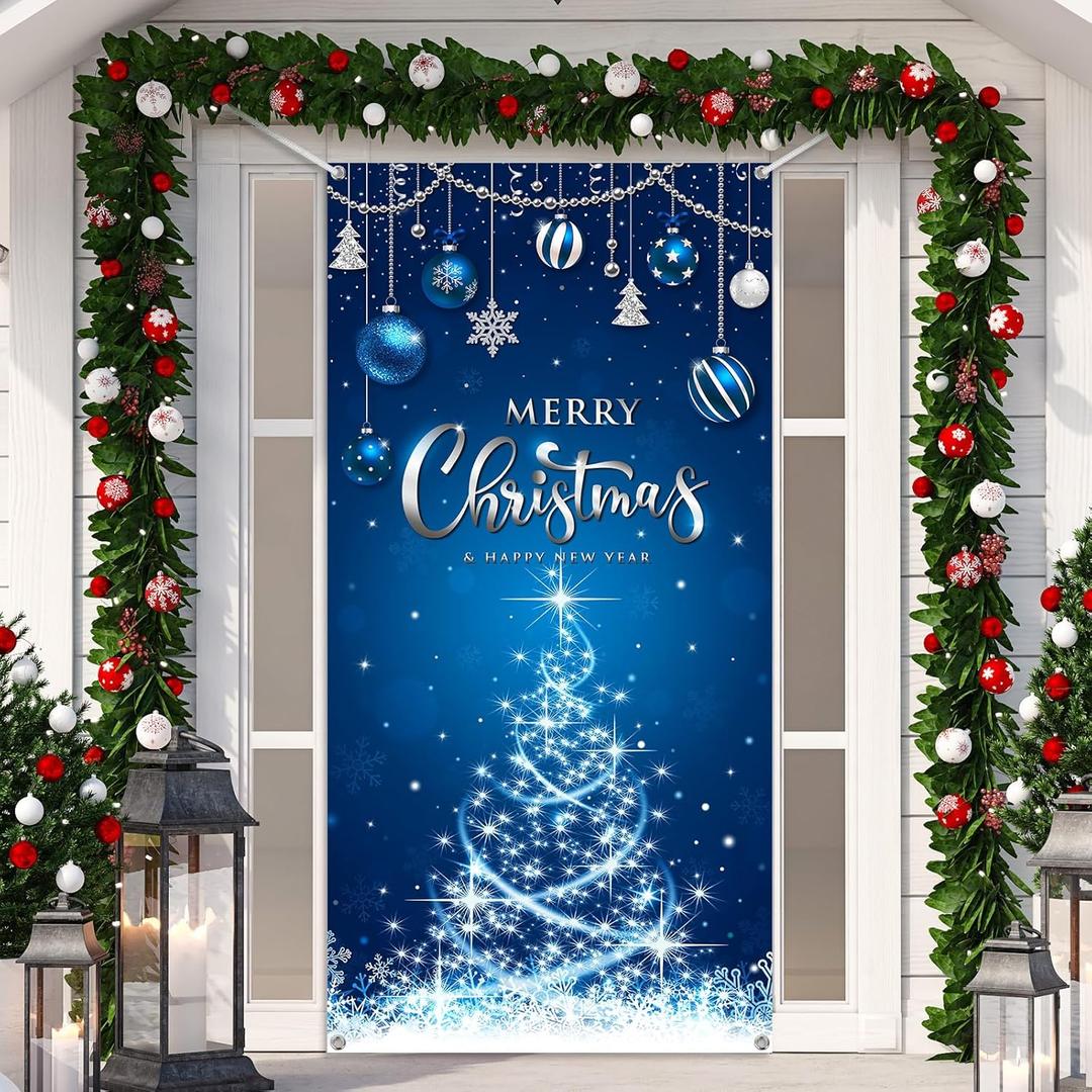 Irenare Christmas Decorations Merry Christmas Door Cover Xmas Background Banner Xmas Door Hanging Covers Photo Props for Winter Party Decorations Supplies, 70.9 x 35.4 Inch(Blue)