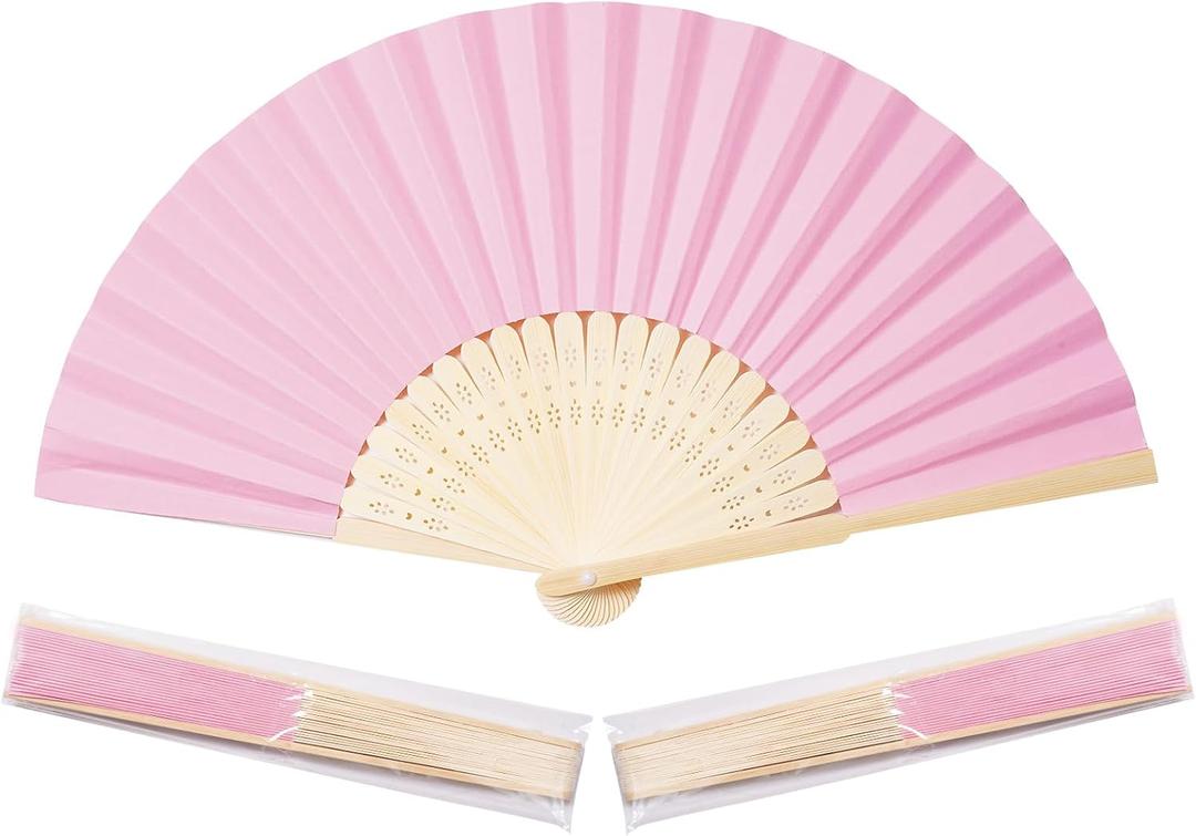 Sepwedd 50pcs Pink Paper Hand Fan Bamboo Folding Handheld Paper Fan for Wedding Party and Home Decoration