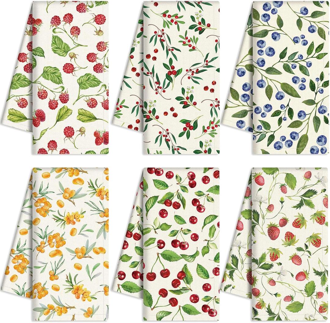 Oudain 6 Pcs Fruit Kitchen Towels Dishcloth Reusable Tea Hand Towels Absorbent Quick Dry Cleaning Cloths Towel for Kitchen Bathroom Housewarming Gifts Home Decoration 23.6 x 11.8", Mixed Fruit