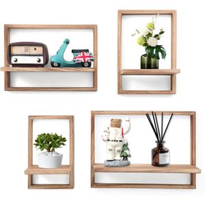 PHOENANCEE Square Floating Shelves,Framed Wall Shelf Decorative Set of 4,Modern Plants Hanging Display Art Decor Storage for Livingroom Bedroom Bathroom Farmhouse,Home Light Wood,Carbonized Black