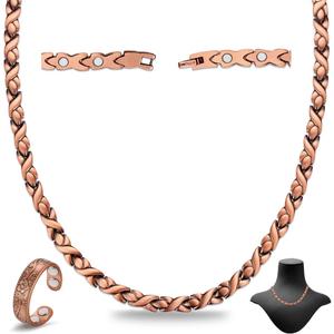 Copper Necklace for Men Women - Magnetic Necklace 99% Solid Pure Ring Set Ultra Strength Magnets - Copper Chain with Adjustable Sizing Tool and Present Box (Fishtail)