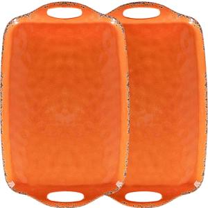Melamine Serving Tray with Handles, 19 x 12" Vintage Rustic Large Rectangular Melamine Serving Platter for Serving Food, Breakfast Tray, Set of 2, Dishwasher Safe, Orange