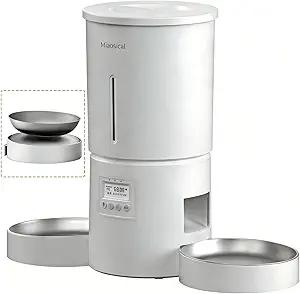 Automatic Cat Feeder for 2 Cats,6 Meals/Day,12 Portions/Meal,Dual Power Double Bowls,Dry Pet Food Autofeeder,10S Voice Record,Flexible Programmable Schedule Timer(White,Stainless Dual Bowls)