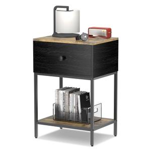 3 Tier Black Nightstand with Wood Drawer Storage, Small Side Table for Small Spaces, Tall Night Stand/End Table with Shelf, Anti- Falling Design for Living Room, Bedroom, Sofa, Black