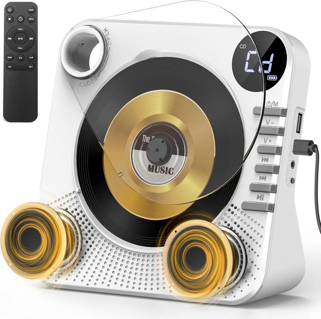 Desktop CD Player Bluetooth with HiFi Dual Speaker, CD Player for Home with Remote Control,Dust Cover,LCD Display,Sleep Timer,EQ Sound,USB/AUX/3.5mm Earphone Jack for Home,Kids,Gift (White)