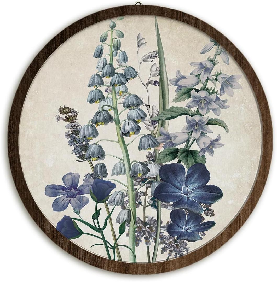 BIWSHA Vintage Blue Floral French Country Wall Art Decor, Antique Wildflower Flower Botanical Round Wooden Wall Hanging Decor for Home Bedroom Living Room Bathroom Office, 10 Inch Diameter
