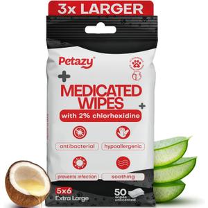 Petazy 2% Chlorhexidine Wipes for Dogs 3X Larger | Yeast Infection Ringworm Fungus Hot Spot Itch Relief | Medicated Antibacterial Antifungal Gentle Soothing Topical Wipes for Dog Cat | 50 Wipes 5x6