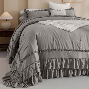 Masaca Grey Oversized King Comforter Set 128x120,Shabby Boho Chic Ruffle Bedding Comforter Extra Large King Size,French Country Rustic Farmhouse Bedding 3PCS (1 Ruffled Comforter+2 Pillow Shams) (Oversized King Plus 128X120, Grey)