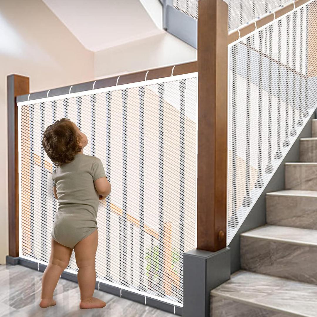 JIFTOK Baby Gate for Stairs, Banister Guard for Kids, Pets, Toys, 21.6 ft L x 2.66 ft H, Mesh Netting Safety Net for Balcony Rail Stair, Stairway Net Baby Safety Products for Indoor & Outdoor (White)