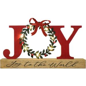 Christmas Decorations for Home LED Lighted Joy Sign with Timer Wreath Farmhouse Wooden Rustic Tabletop Decorative Sign Xmas Holiday Home Decor Indoor Room