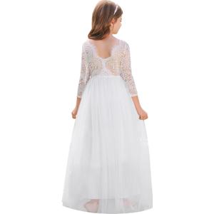 IBTOM CASTLE Flower Girl Dress Boho Sleeveless/Long Sleeve Lace Back Tulle Long Dresses Formal Birthday Pageant Ball Gown (11-12 Years, White-3/4sleeve)