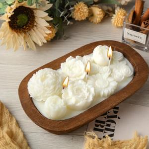 Wooden Dough Bowl Candle 3 Essential 20 Ounce Natural Soy Oil Wick Candle Wax Melts Rustic Farmhouse Decor Odor Eliminator Gifts for Women and Men(Flowers)