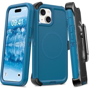 TUTUKII Magnetic Case with Belt Clip Holster, Heavy Duty Protective Phone Case, Shockproof Magnetic Phone Cover for iPhone 13/14/15 6.1" Sea Blue