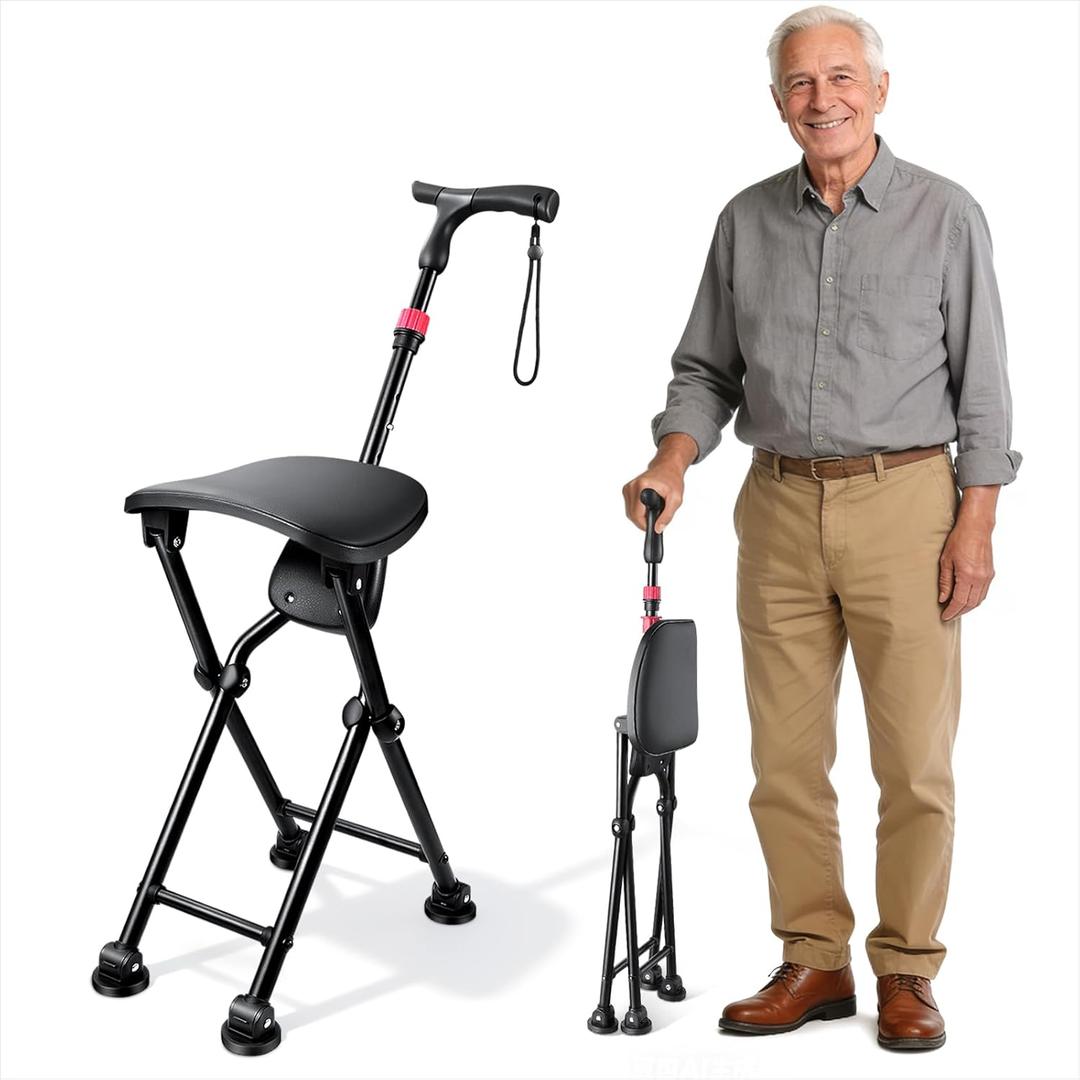 Four-Legged Cane with Seat, Unisex Cane with Seat Folding Lightweight, Adjustable Anti-Slip Cane Chair, Walking Cane with Seat Suitable for Men, Women, Adults and Seniors