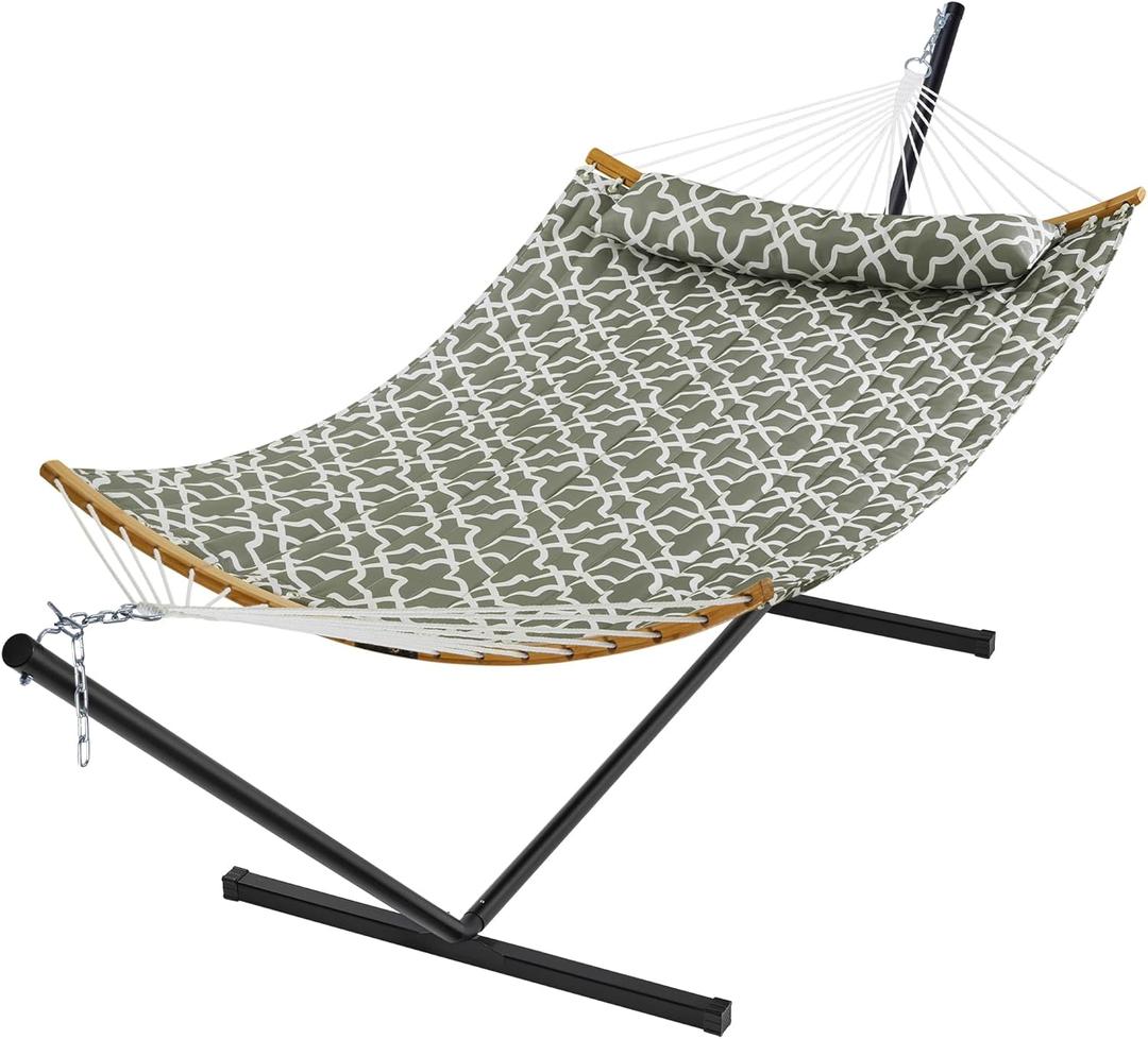 SUPERJARE Hammock with Stand, 2 Person Heavy Duty Hammock with Padded Cotton, Detachable Pillow & Strong Curved-Bar & Portable Carrying Bag, Perfect for Outdoor & Indoor, Grey with White Flower