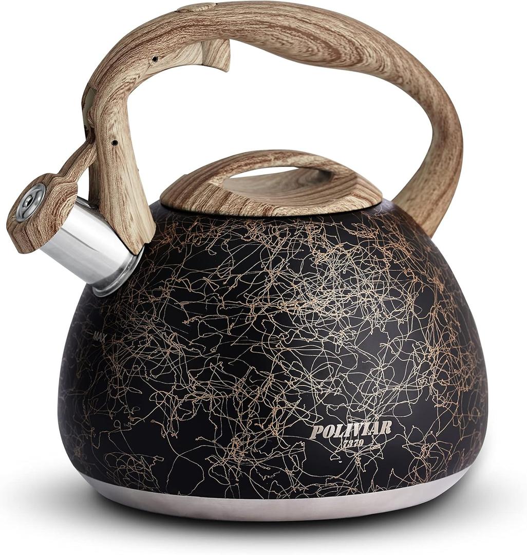 POLIVIAR Tea Kettle, Iron Grey Tea Pot Stovetop, 2.7 Quart Loud Whistling Coffee and Teapot, Food Grade Stainless Steel for Anti-Hot Handle and No-Rust, Suitable for All Heat Sources (JX2020-RB30) (Black/Gold)