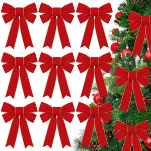 12 Pack Red Bows for Christmas Tree 9 x13 Inch Large Red Velvet Bows with Glitter Gold Edge for Christmas Wreath Fence Decor, Indoor Outdoor Holiday Decorations