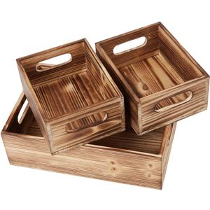 PHOENANCEE Wooden Crate Stackable Decorative Wood Crates set of 3 for Storage Display Rustic Nesting Box Basket Home Decoration Boxes Container Bin with Handles Farmhouse Decor,Solid Pine,Size: 3Pack(L+2S)