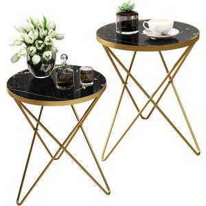 HLR Modern Round Side Table Set of 2, End Table with Marble Effect Top and Gold Metal Frame, Small Side Table for Living Room, Bedroom, Sofa and Couch, Gold Legs, Black Marble top
