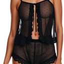 Lingerie for Women Sexy Pajamas Sheer Open Front Sleepwear Lace Polka Dot Cami Shorts Set 2 piece (Black, XL)