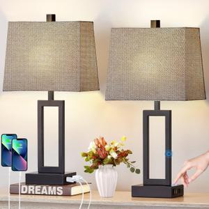 23.5" Touch Control Table Lamps Set of 2, Bedside Lamp with 2 USB Charging Ports & AC Outlet, 3-Way Dimmable Modern Nightstand Lamp for Living Room Bedroom End Table Office(2700K 2 LED Bulbs Included) (Gray)