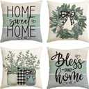AVOIN colorlife Spring Sweet Home Eucalyptus Lamb Ear Wreath Throw Pillow Covers, 18 x 18 Inch Bless Our Home Buffalo Plaid Cushion Case for Sofa Couch Set of 4 (18" x 18" (Pack of 4), Blue)