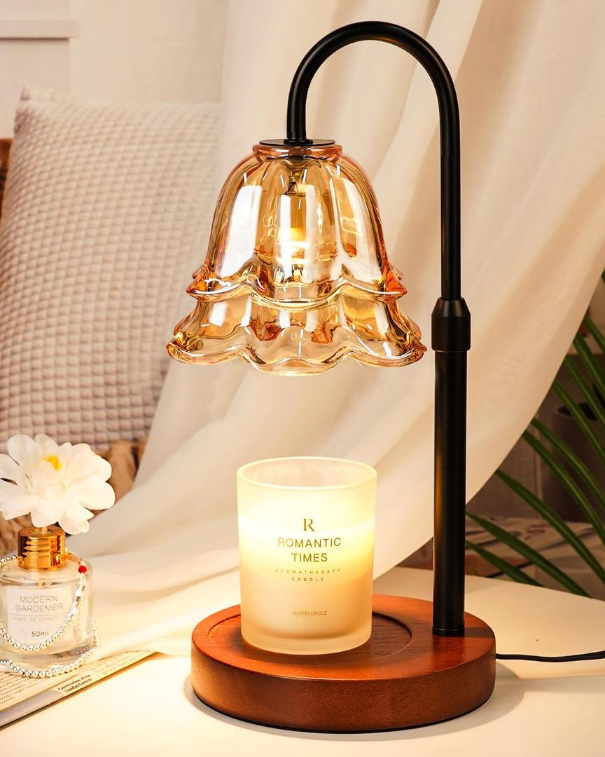 Candle Warmer Lamp with Timer & Dimmer, Adjustable Height Christmas Gifts Birthday Gifts for Women Mom, Flower Candle Lamp Warmer, Wax Warmer with 2 Bulbs, House Warming New House Decorations (Amber-1)